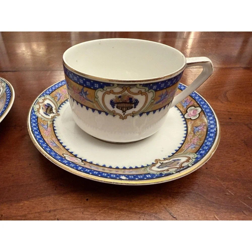 Vintage Japanese Fine Porcelain Cobalt Blue Yellow Teacup & Saucer Set Lot of 2
